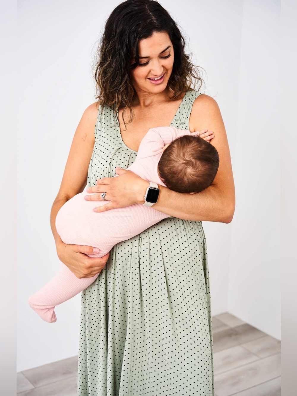 NWT Latched Mama Sage Green Polka Dot Nursing Maxi Dress Size 00-6 Petite